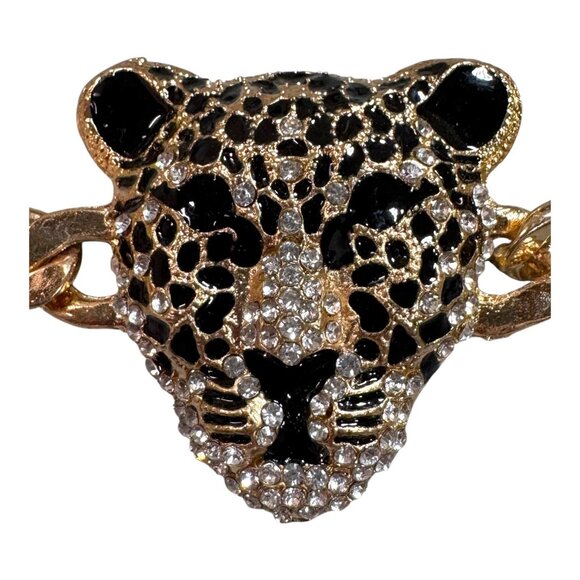 Gold-Tone Leopard Head Statement Bracelet Rhinestones & Black Enamel Detailing - Picture 4 of 10